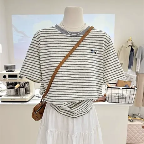 夏季2025新款卡通刺绣短袖T恤女宽松韩版设计感小众条纹半袖上衣图片