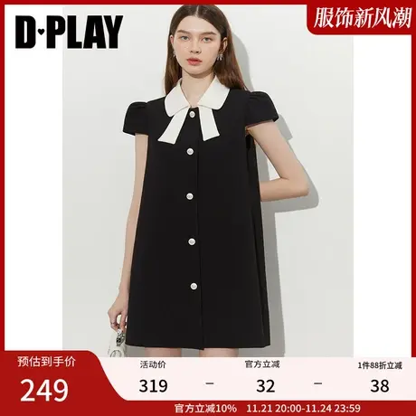 DPLAY2023春新小众设计感黑拼白蝴蝶结小翻领泡泡袖小个子娃娃裙商品大图