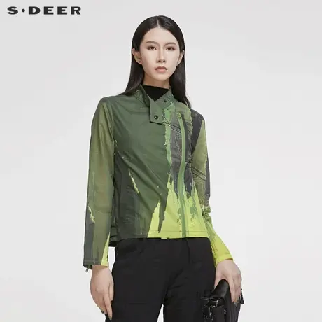 sdeer圣迪奥春秋女装不规则抽象晕染印花立领长袖外套女S20182213图片