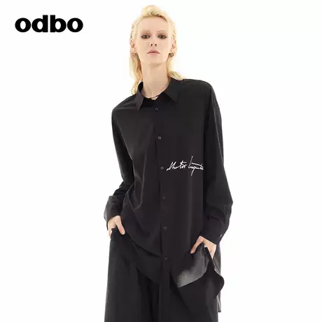 odbo/欧迪比欧美式复古撞色长袖衬衫2024秋冬新款中长休闲上衣女图片