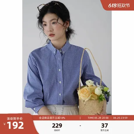 嘉茱莉miu系格纹衬衫女2025春季新款蓝色格子别致上衣翻领衬衣商品大图