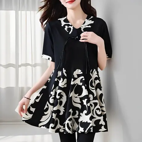 短袖女t恤2025新款夏大码胖mm雪纺中长款上衣遮屁股洋气中年妈妈商品大图