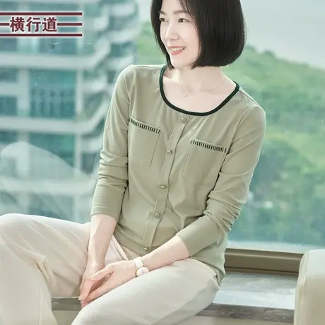 撞色圆领T恤口袋长袖上衣服纯色打底衫2025春季新款外穿春装女装图片