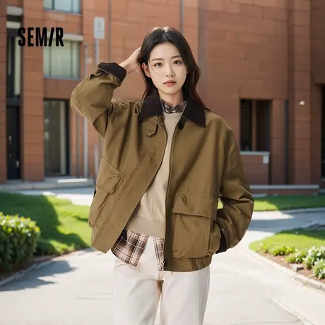 森马外套女灯芯绒翻领宽松潮酷chic女士秋拼接格纹复古夹克工装风图片