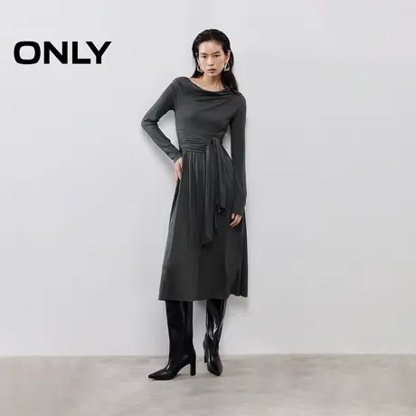 ONLY2025夏季新款垂坠舒适亲肤船领纯色收腰长袖中长裙连衣裙女商品大图