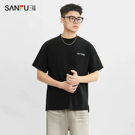 三福2025春夏季男士字母刺绣短T恤 简约休闲圆领上衣男499739图片