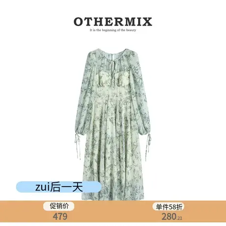 othermix印花泡泡袖收腰圆领套头碎花中长款连衣裙女2024春秋新款图片