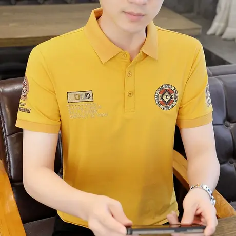 冰丝纯棉短袖t恤男士夏季薄款翻领体恤带领POLO衫半袖刺绣上衣服商品大图
