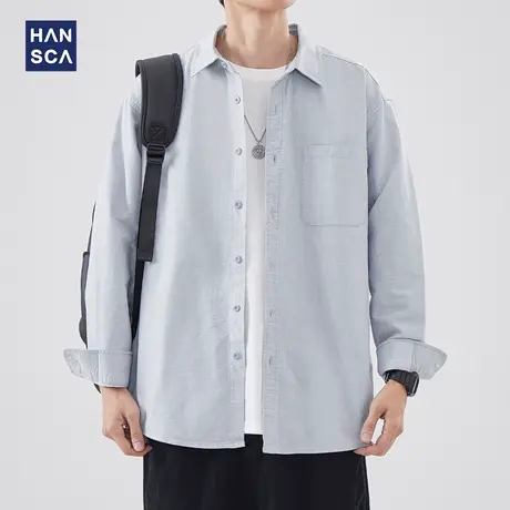 hansca日系简约翻领长袖衬衫男春季新款高级纯色落肩宽松休闲上衣商品大图