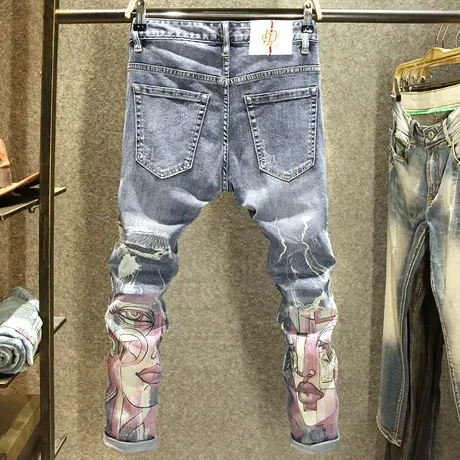 高端印花工艺潮流牛仔裤男修身小脚裤潮牌涂鸦设计师街头痞帅裤子图片