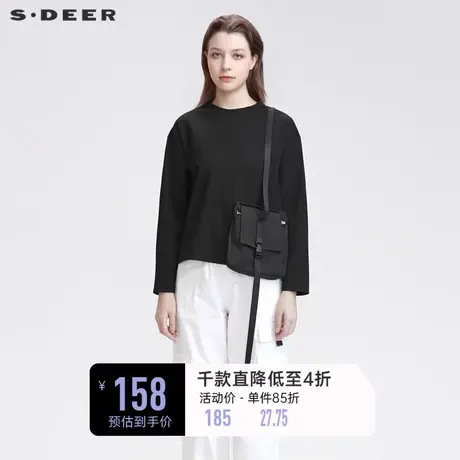 sdeer圣迪奥女装时尚圆领拼接口袋黑色长袖T恤S22180201❓商品大图