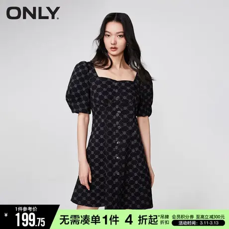 ONLY秋季时尚满印方领灯笼袖短款牛仔连衣裙女|123242033商品大图