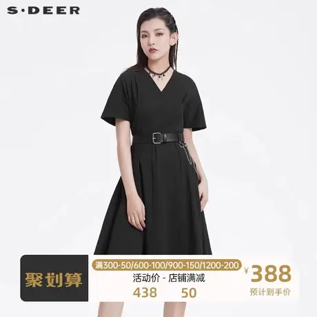 sdeer圣迪奥女装V领收腰链条不规则短袖连衣裙S22261228⛹商品大图