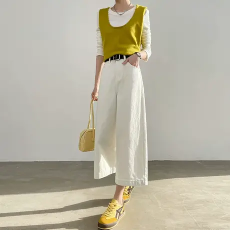 米白色九分牛仔阔腿裤女春夏季高腰垂感八分休闲宽松小个子直筒裤商品大图