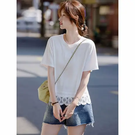 时尚气质百搭短袖圆领T恤女士2025年新品简约休闲蕾丝显瘦上衣图片