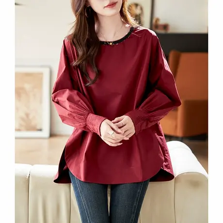 宝诗黎圆领钉珠宽松红色衬衫女2025春季韩系简约百搭棉质长袖衬衣商品大图