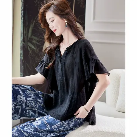 宝诗黎蕾丝镂空拼接短袖衬衫2025夏季宽松气质百搭休闲大码衬衣女图片