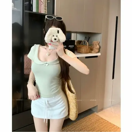 大码多巴胺甜美正肩短袖t恤女夏季薄款减龄体恤胖MM遮肉显瘦上衣商品大图