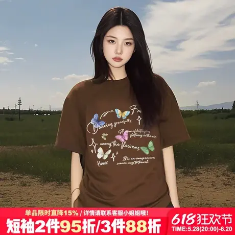 vintage美式复古风咖啡色短袖t恤女设计感蝴蝶印花宽松正肩半袖潮商品大图