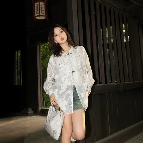 YEP复古连帽白色衬衫女夏季新款国风新中式防晒衫宽松薄款上衣图片