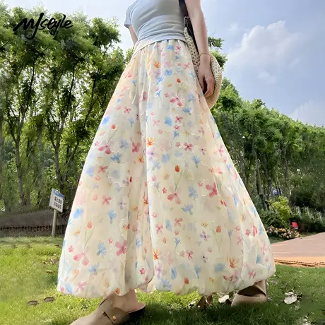 MJ STYLE彩色凉感花苞裙裤女夏新款设计感碎花仙女高腰宽松休闲裤图片