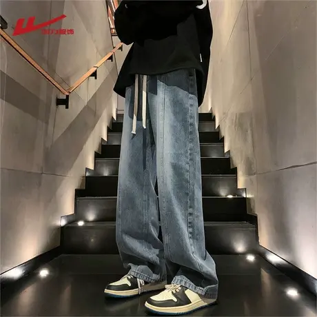 回力美式拼接牛仔裤男士夏季薄款2024新款宽松直筒阔腿休闲裤春秋商品大图