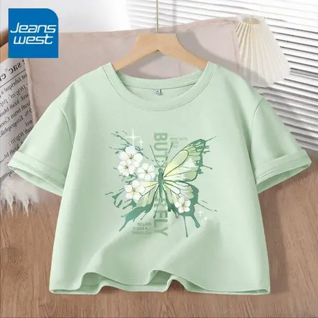 KV真维斯绿色短袖t恤女夏季2025新款 纯棉正肩显瘦时尚小个子上衣商品大图