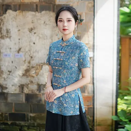 筠雅夏季新款蓝色复古改良唐装女中国风年轻款斜襟短袖上衣25J265商品大图