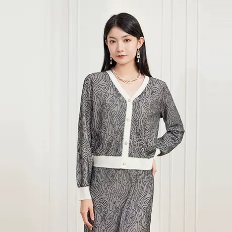 希区瑞普法式春百搭人气珠光纱线长袖圆领V领针织衫女半身裙商品大图