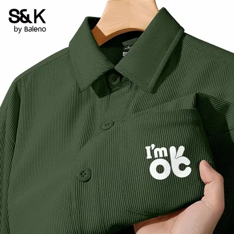 班尼路S&K绿色日系简约长袖翻领衬衫男早秋灯芯绒衬衣外套男生潮图片