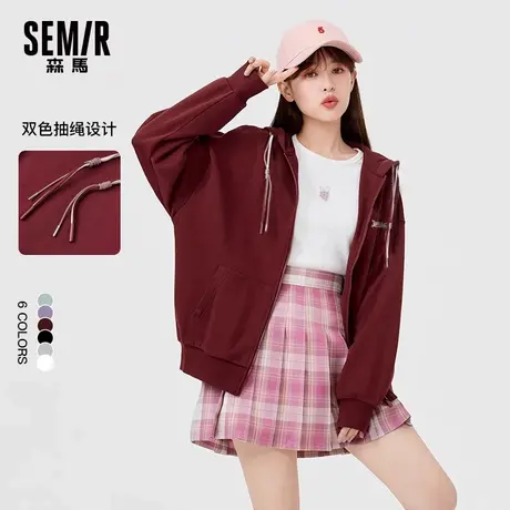 森马外套女秋季宽松连帽拉链针织开衫酒红色运动卫衣亲肤透气上衣商品大图