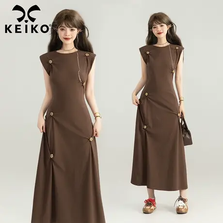 KEIKO 复古花饰扭结无袖连衣裙25早秋御姐风气质收腰显瘦垫肩长裙商品大图