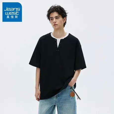 N5真维斯短袖t恤男2025夏季新款假两件V领双层领设计男士半袖上衣商品大图