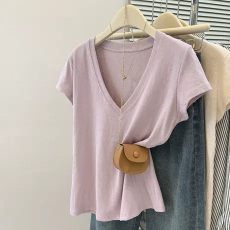 雪花棉V领大领口短袖T恤女夏季韩版宽松薄款打底衫内搭可外穿上衣商品大图