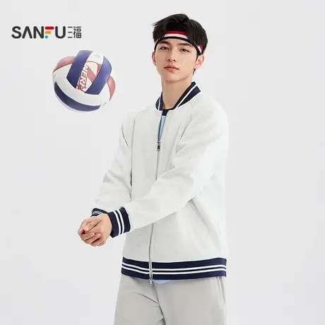 三福2025秋季男士棒球领宽松卫衣 复古运动风开衫上衣506251商品大图