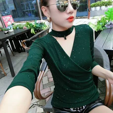 2024春秋新款性感V领长袖t恤女时尚气质上衣修身网纱加绒打底衫女商品大图