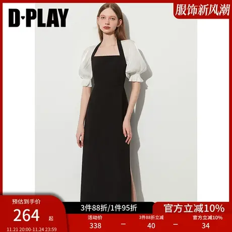 DPLAY夏新法式复古经典黑美背方领后背镂空侧开衩连衣裙商品大图