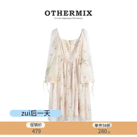 othermix法式连衣裙女2024春秋新款方领显瘦印花初恋仙群茶歇裙图片