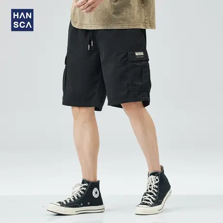 hansca日系复古休闲短裤男夏季纯棉宽松大码黑色潮流工装五分裤子图片