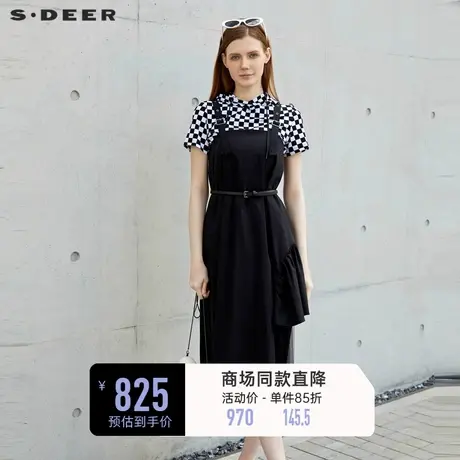 sdeer圣迪奥女装格纹收腰网纱针织吊带裙套装S23281403图片