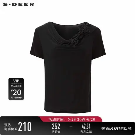sdeer圣迪奥女装复古堆堆领立体花朵短袖T恤S24280133图片