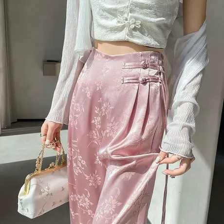 新中式提花缎面阔腿裤女夏季薄款国风盘扣高腰冰丝直筒休闲拖地裤商品大图