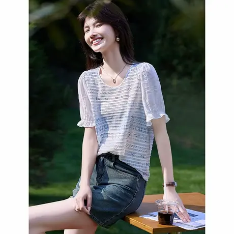 时尚短袖T恤2025年夏季新款女简约泡泡袖晕染套头温柔圆领上衣商品大图