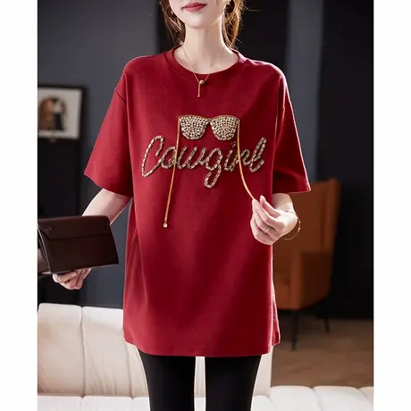 宝诗黎圆领钉钻红色短袖T恤女2025春季韩版宽松洋气百搭棉质上衣商品大图