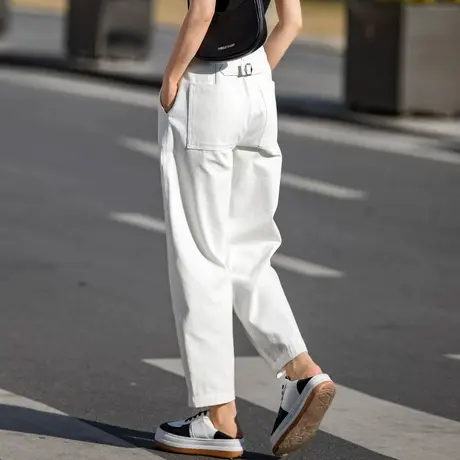 休闲牛仔裤女2025春秋新款宽松哈伦裤高端白色九分裤小个子老爹裤图片
