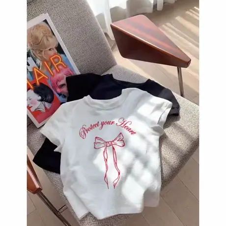 蝴蝶结印花t恤短袖设计感小众女夏季宽松显瘦圆领短款正肩上衣商品大图