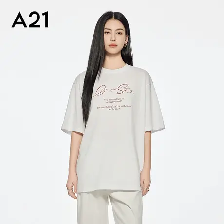 A21女装字母印花中长款T恤简约圆领落肩袖白色棉上衣百搭小众图片