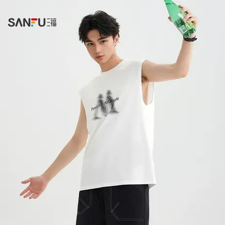 三福2025夏季男士胸前字母背心 都市时尚宽松圆领上衣504096商品大图