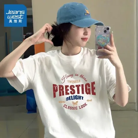 KMV真维斯白色纯棉短袖t恤2025夏季新款宽松休闲内搭美式大码上衣商品大图