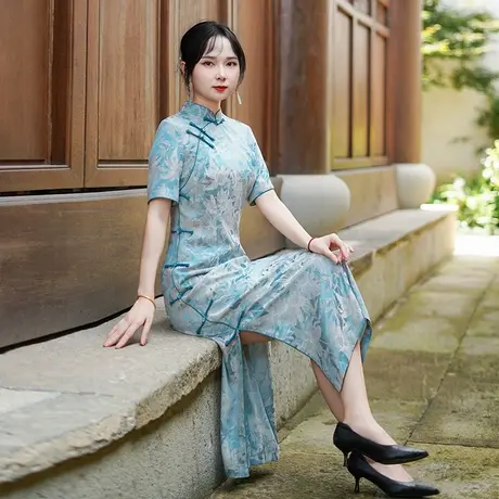 筠雅夏季新款日常可穿显瘦复古民国大小姐风素色新中式旗袍25R681商品大图